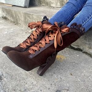 Vegan brown suede leather lace-up boots Edwardian Victorian Bridgerton EU38 US7
